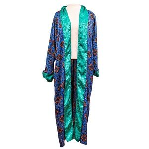Lauren Alexandra Vintage Satin Robe Paisley Mandala Print in Blue/Green Size Med